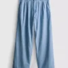 Cotton denim pleated wide leg jeans