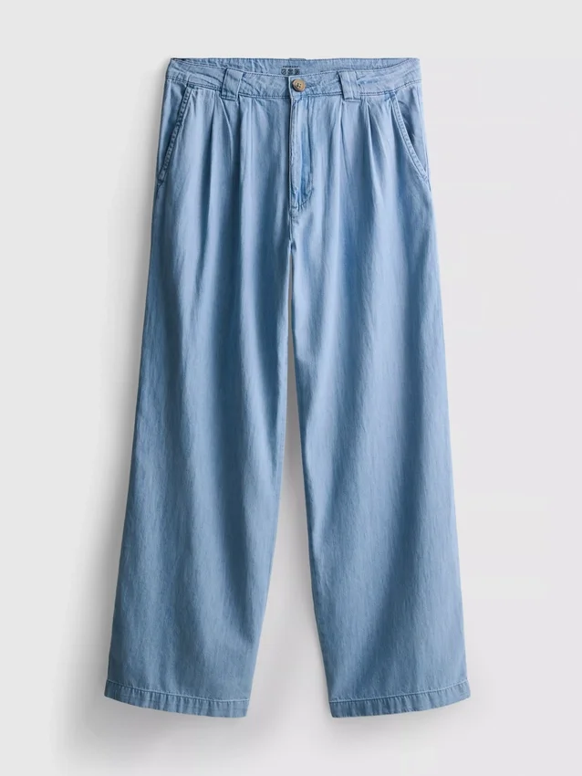 Cotton denim pleated wide leg jeans