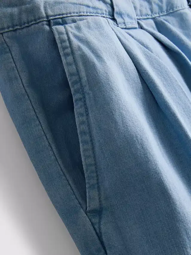 Cotton denim pleated wide leg jeans