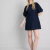 Cotton denim puff sleeve mini dress