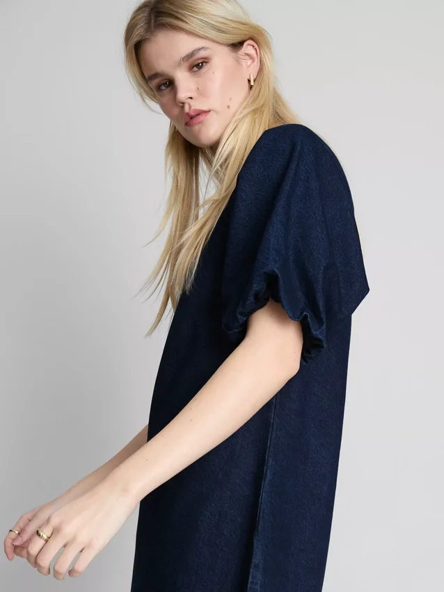 Cotton denim puff sleeve mini dress