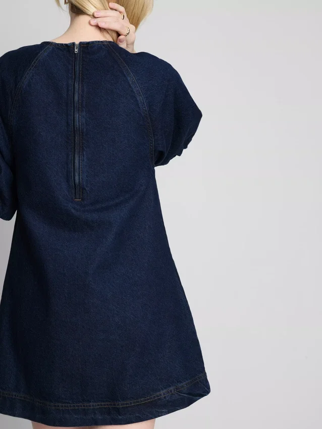 Cotton denim puff sleeve mini dress