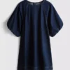 Cotton denim puff sleeve mini dress