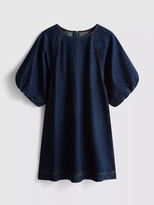 Cotton denim puff sleeve mini dress