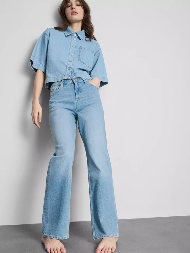 Cotton denim straight leg jeans