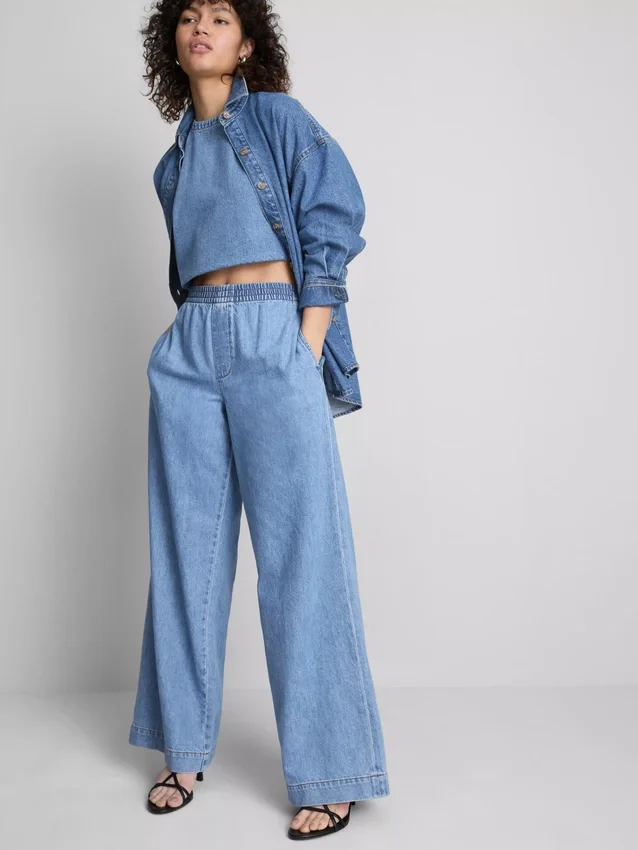 Cotton denim wide-leg tracksuit bottoms