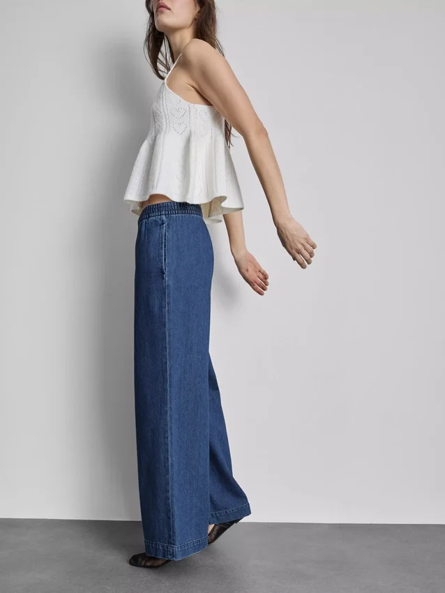 Cotton denim wide-leg tracksuit bottoms