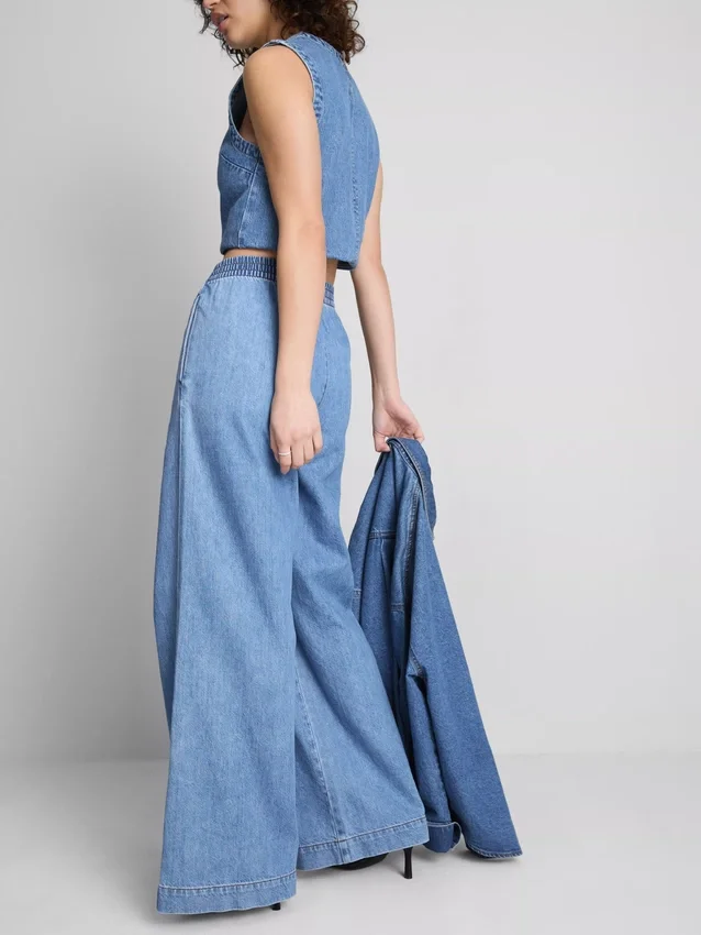 Cotton denim wide-leg tracksuit bottoms