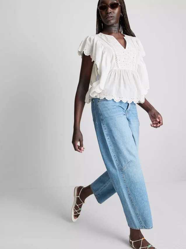 Cotton embroidered scalloped sleeve top