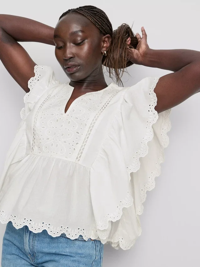 Cotton embroidered scalloped sleeve top