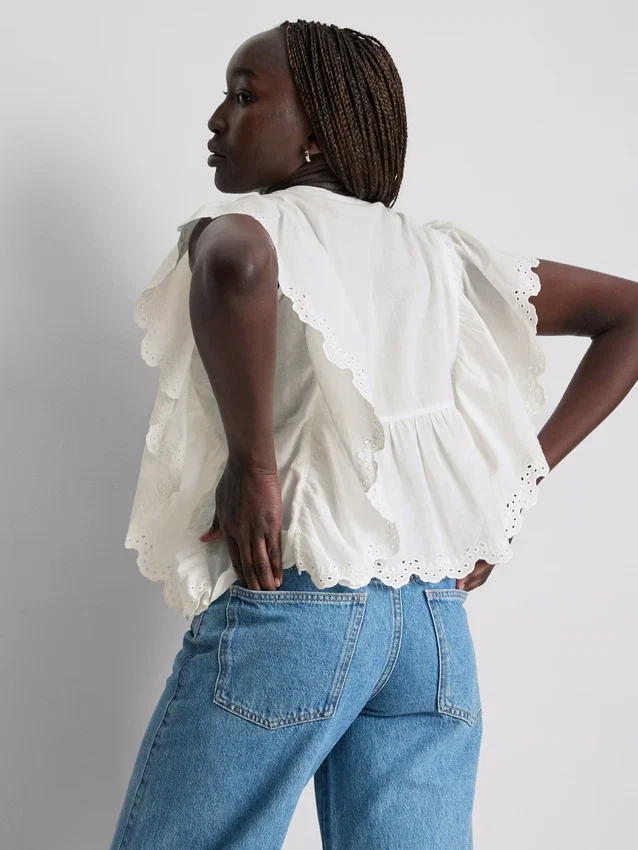 Cotton embroidered scalloped sleeve top