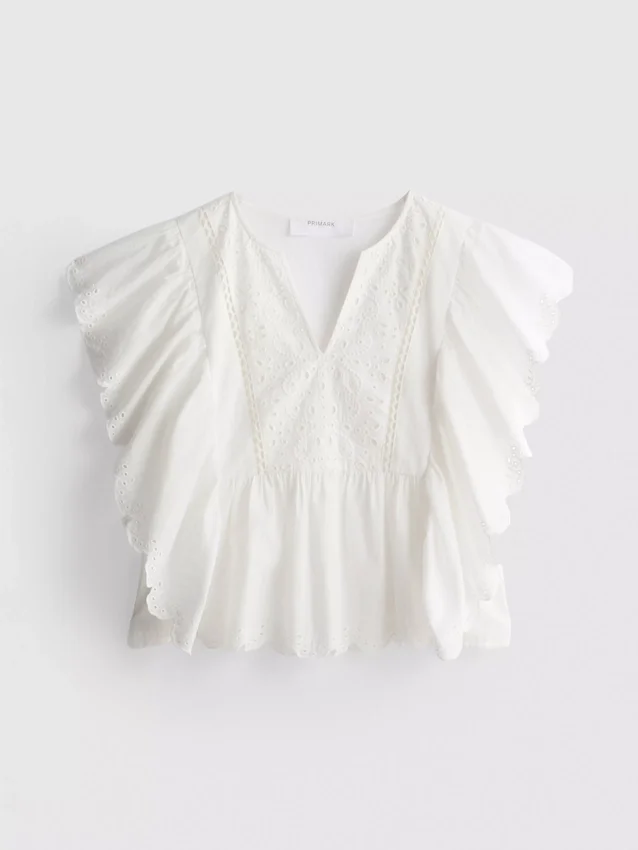 Cotton embroidered scalloped sleeve top