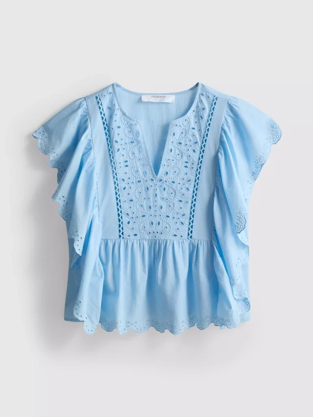 Cotton embroidered scalloped sleeve top