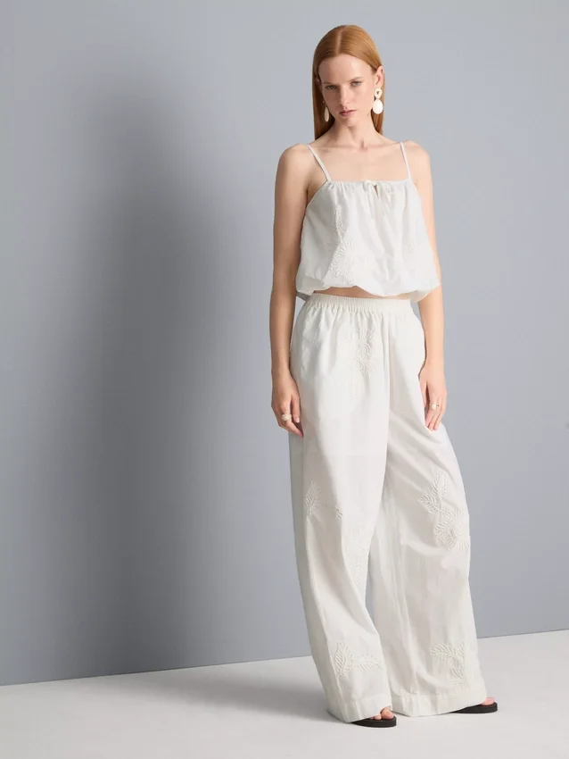 Cotton embroidered wide leg pants