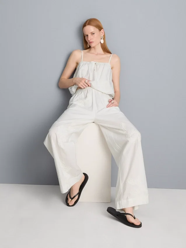 Cotton embroidered wide leg pants