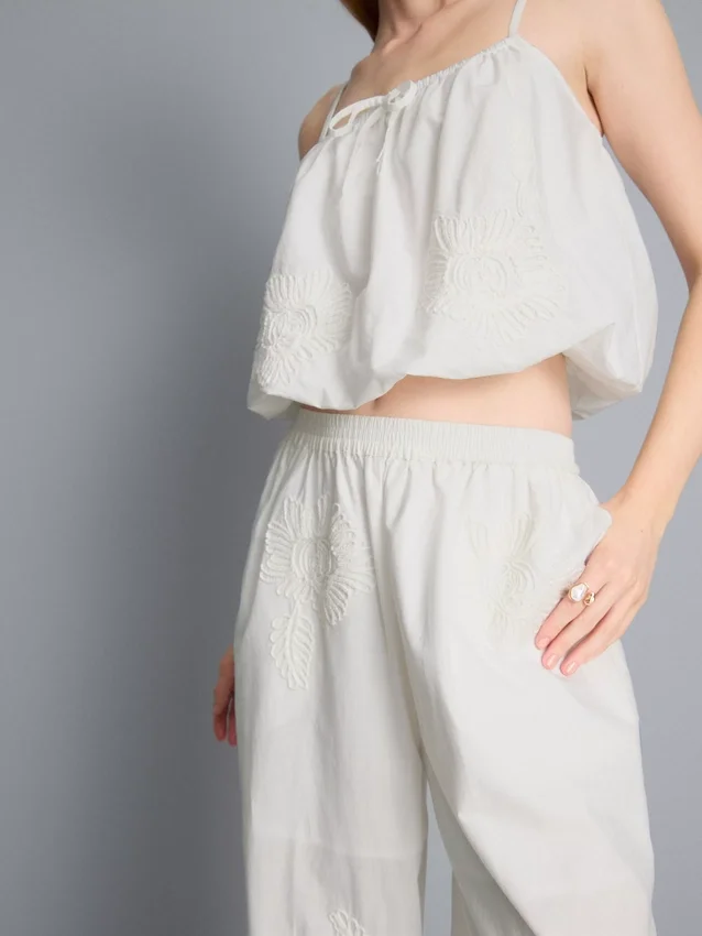 Cotton embroidered wide leg pants
