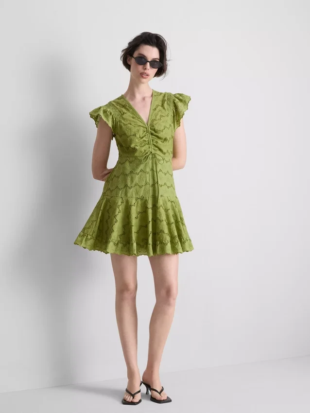 Cotton eyelet ruched mini dress