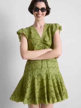 Cotton eyelet ruched mini dress
