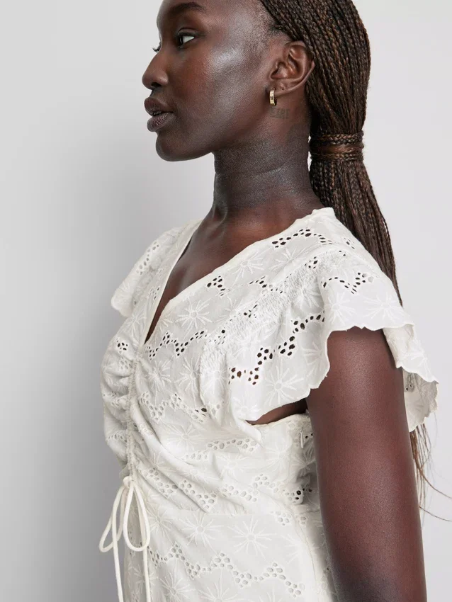 Cotton eyelet ruched mini dress