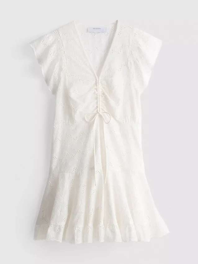 Cotton eyelet ruched mini dress