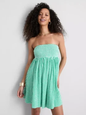 Cotton gingham bandeau mini dress