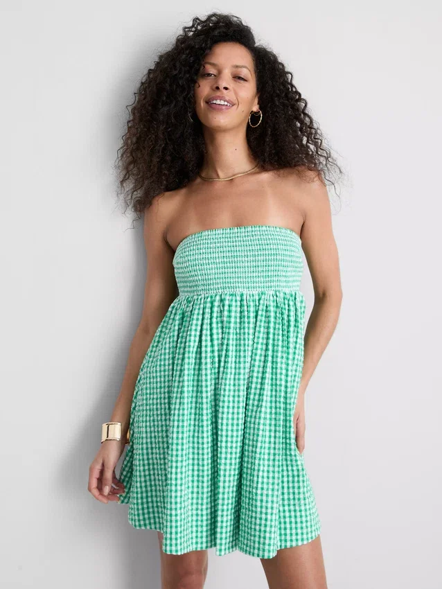 Cotton gingham bandeau mini dress
