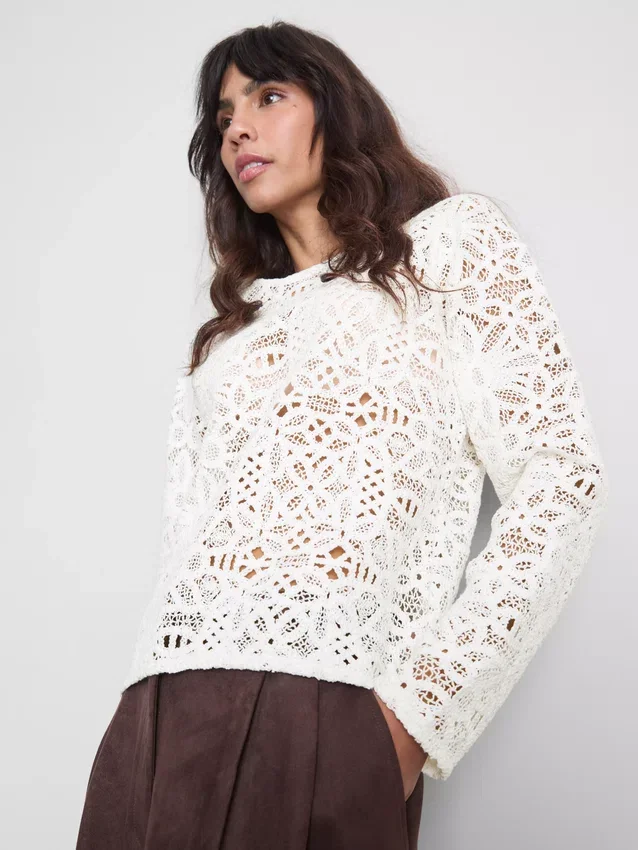 Cotton rich crochet long sleeve top