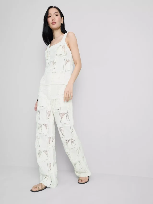 Cotton rich crochet straight leg pants