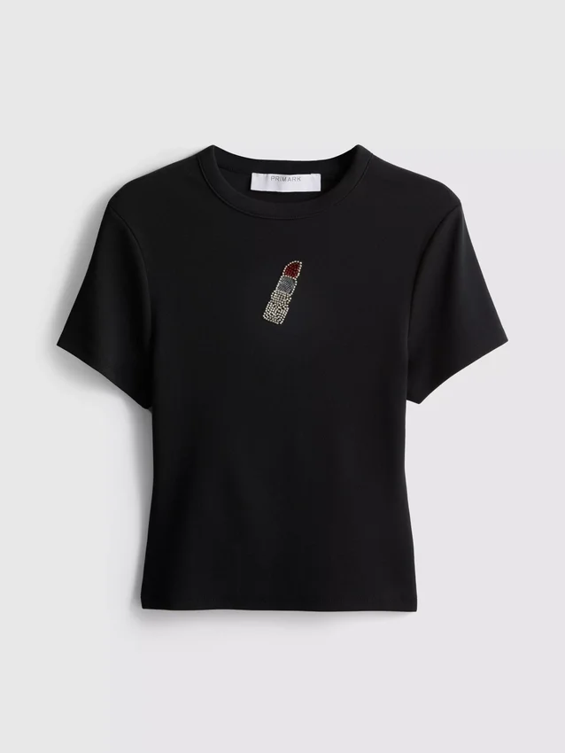 Cotton rich cropped beaded baby tee
