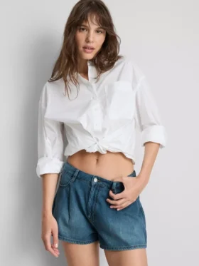 Cotton rich denim pleated flare shorts