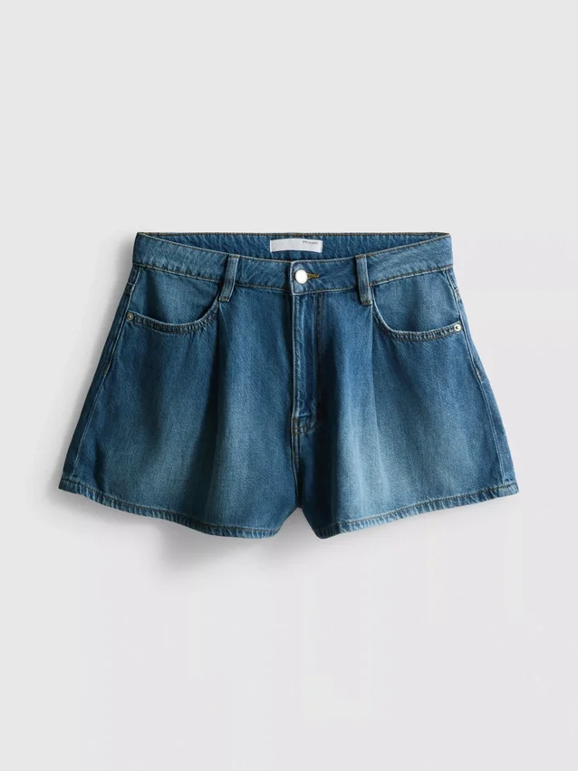 Cotton rich denim pleated flare shorts