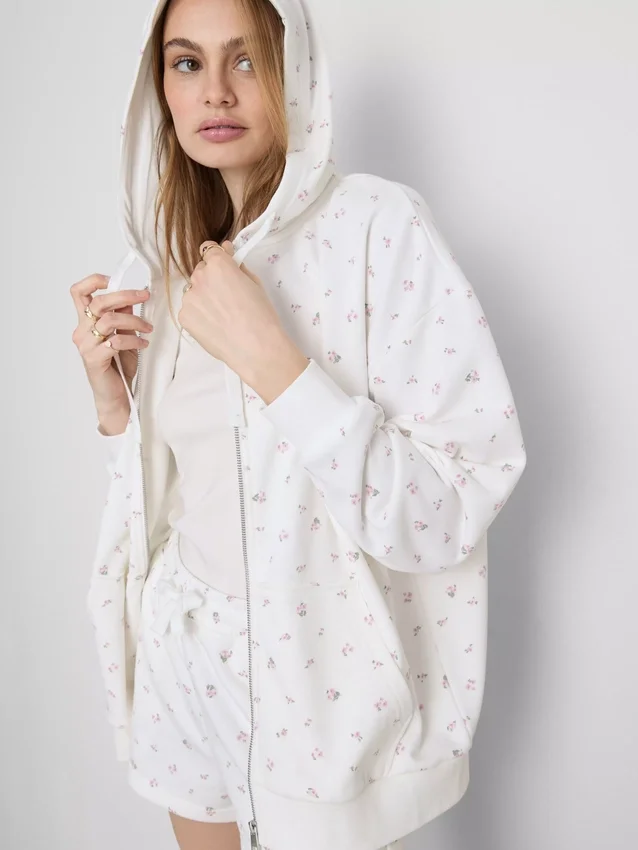 Cotton rich floral zip through hoodie