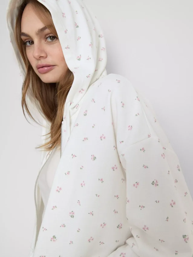 Cotton rich floral zip through hoodie