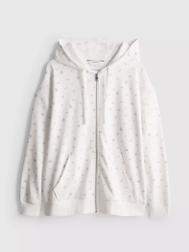 Cotton rich floral zip through hoodie
