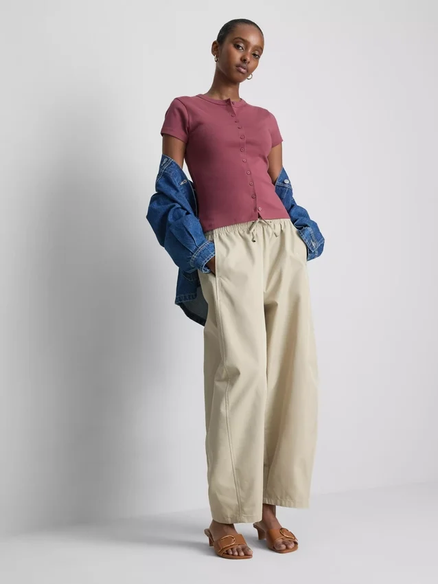 Cotton-rich ribbed button-through top