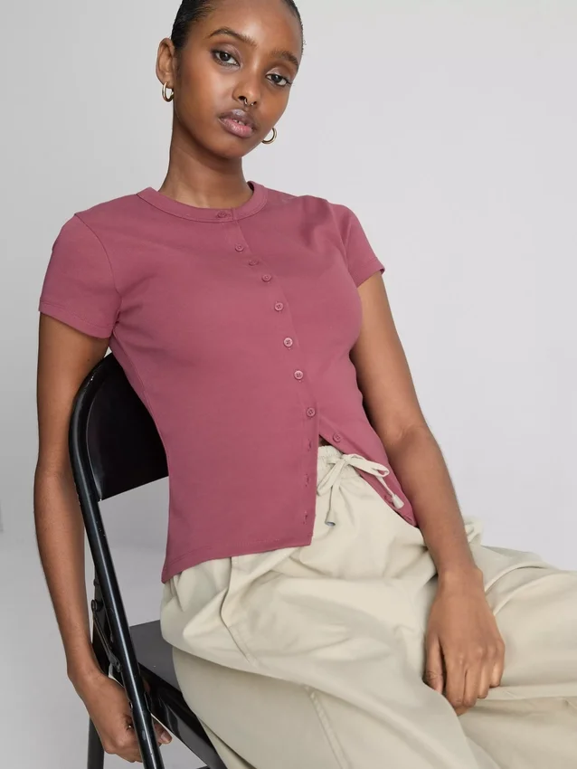 Cotton-rich ribbed button-through top