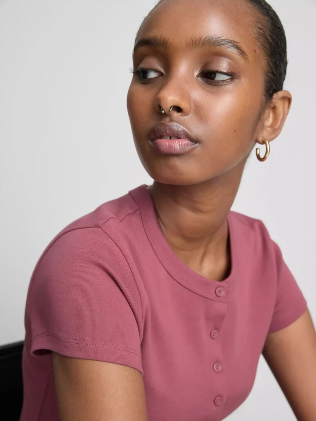 Cotton-rich ribbed button-through top
