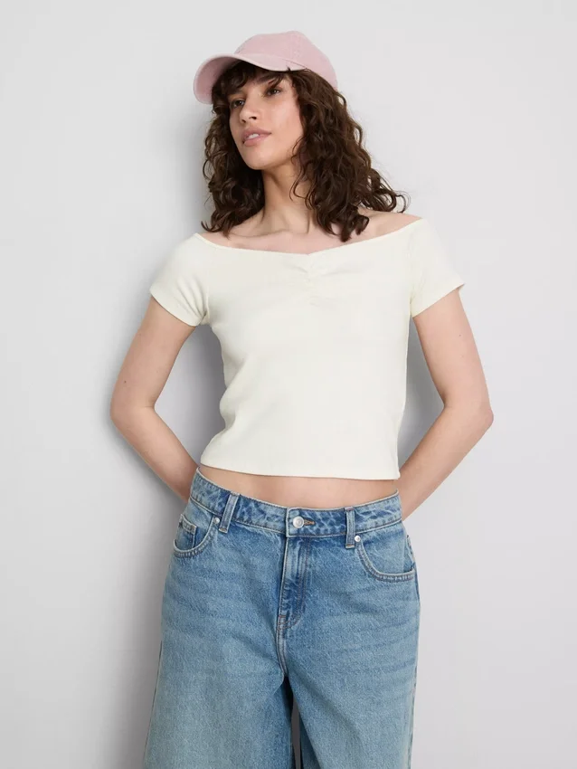 Cotton-rich short-sleeve bardot top