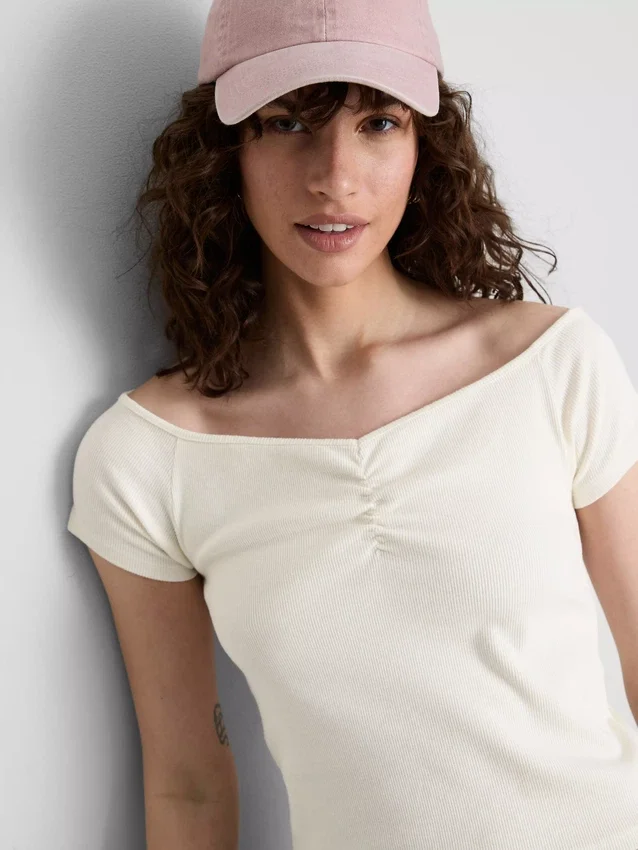Cotton-rich short-sleeve bardot top