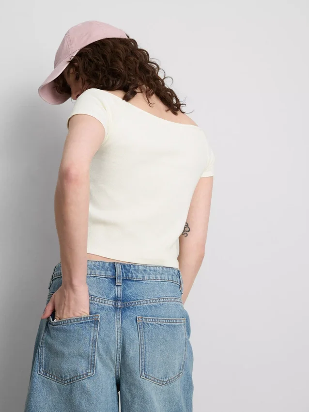 Cotton-rich short-sleeve bardot top
