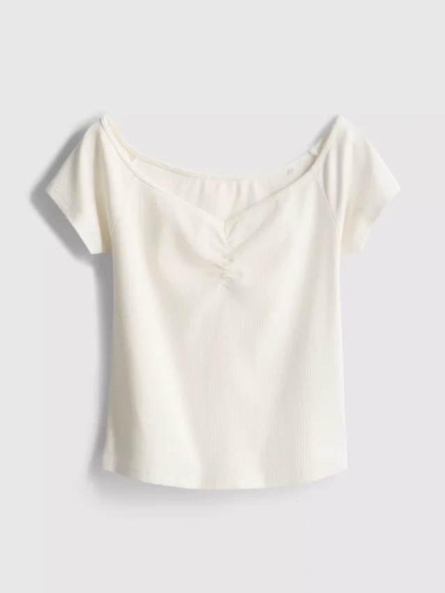Cotton-rich short-sleeve bardot top