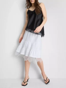 Cotton-rich tiered lace midi skirt