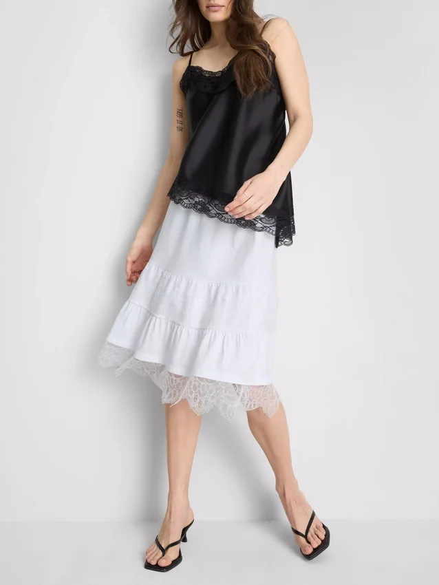 Cotton-rich tiered lace midi skirt