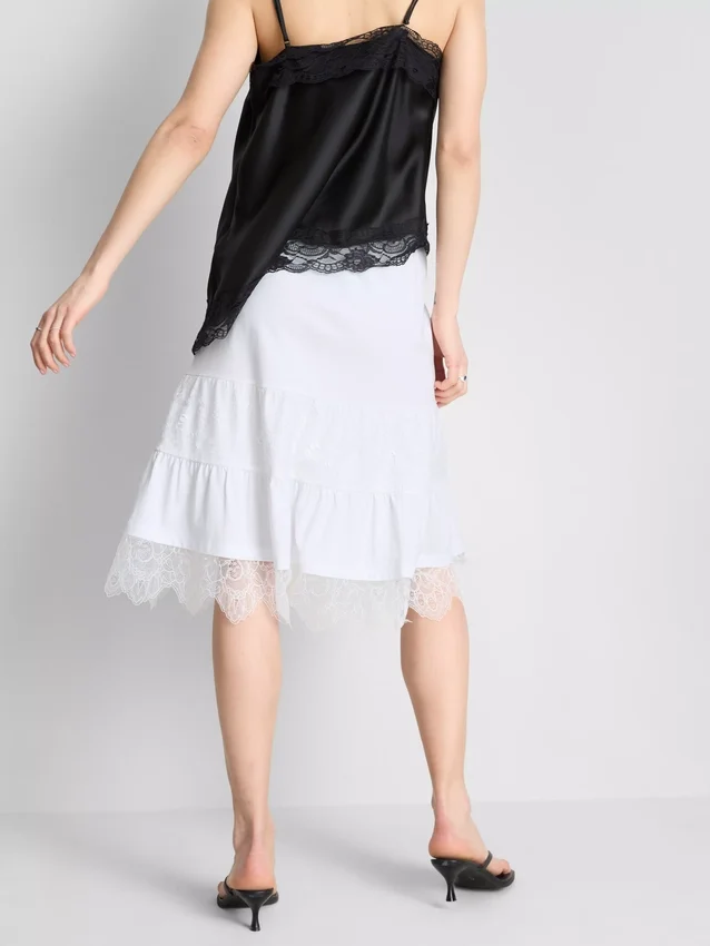 Cotton-rich tiered lace midi skirt