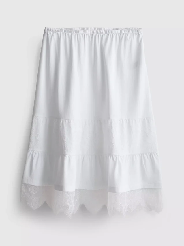 Cotton-rich tiered lace midi skirt
