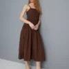 Cotton square neck ruched midi dress