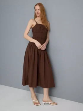 Cotton square neck ruched midi dress