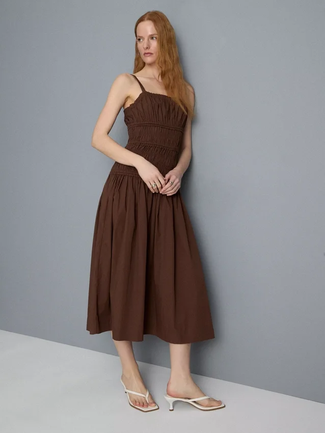 Cotton square neck ruched midi dress