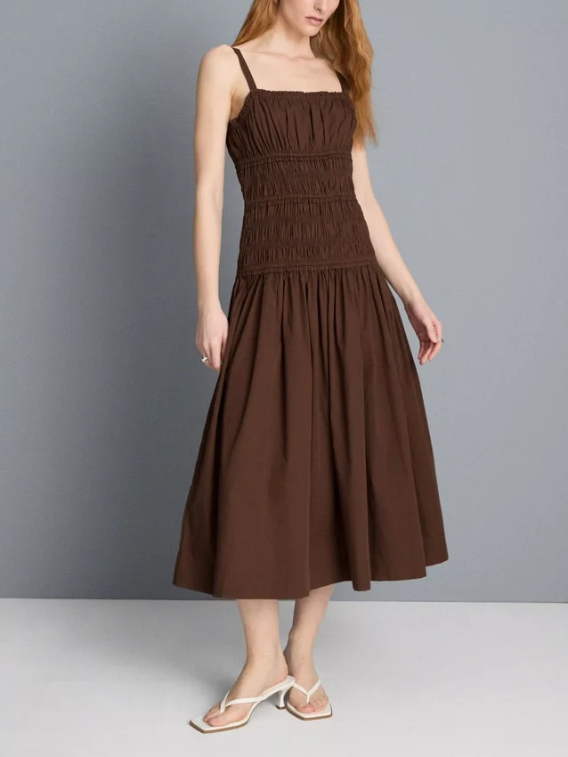 Cotton square neck ruched midi dress