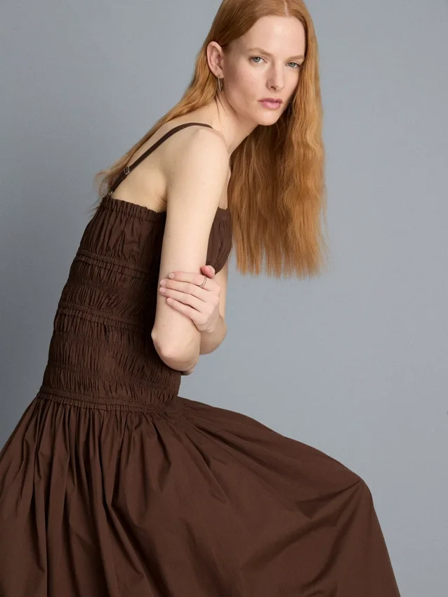 Cotton square neck ruched midi dress